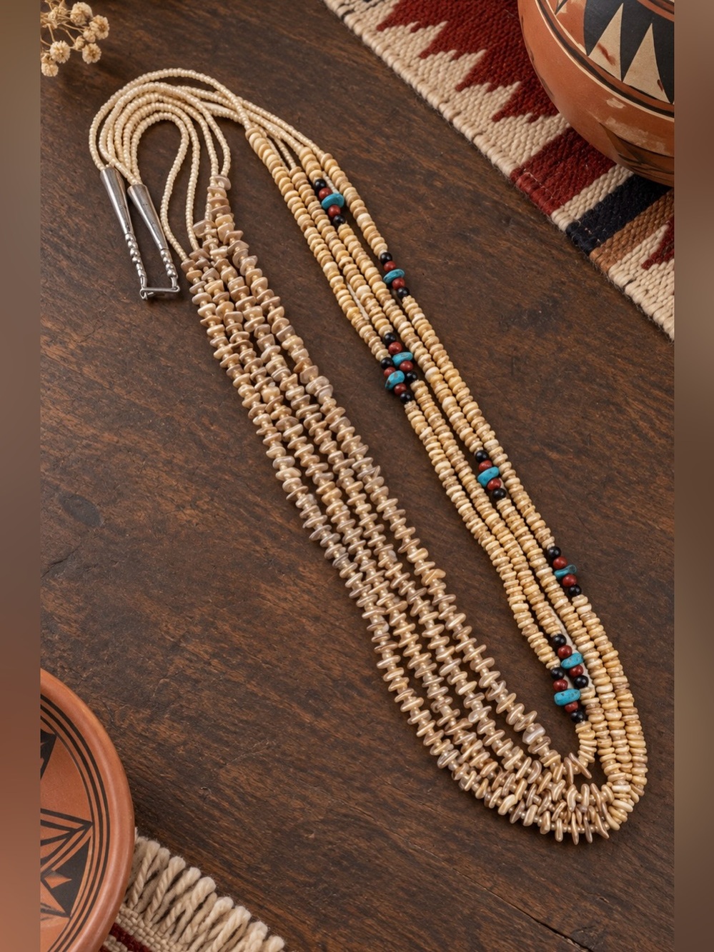 Native American Shell Turquoise Multi Stone Multi Strand Heishi Beaded Necklace